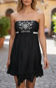 Agaci Mini Dress L Blue Strapless Lace Mesh Embroidered Smocked Y2K Boho Chic