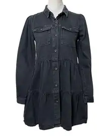 Free People  Nicole Denim Babydoll Wash Shirt Dress Tiered Black Women’s XS