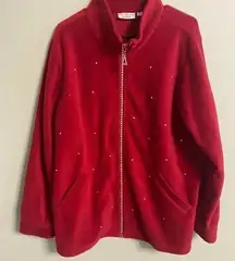 Quacker Factory Fleece Jacket Size XL Red Rhinestones Full Zip Bling
