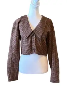 Zara Checkered Button Up Blouse Cropped Peter Pan Collar Womens Med Brown NEW