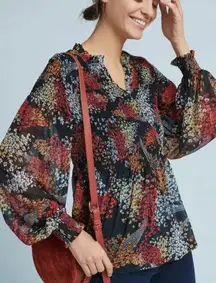 Akemi + Kin Anthropologie Adria Black Floral Smocked V-Neck Blouse Small