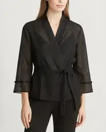Carlisle Black Silk Wrap Top Semi Sheer Blouse w/ Jewel 3/4 Sleeve Cuff Sz 4