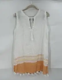 Rachel Zoe Top Women Small White Linen Blend Beach Coastal Swim Cover Tassel