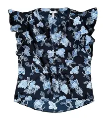 Joie Crisbell Floral Print Henley Silk V-Neck Top Midnight