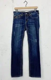 True Religion Rainbow Trim Low Rise Wide Leg Blue Denim Jeans Size 27