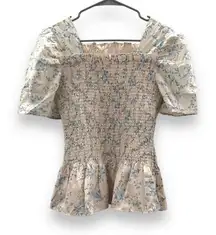 Rachel Parcell Cream &‎ Blue Floral Print Short Puff Sleeve Smocked Peplum Top S