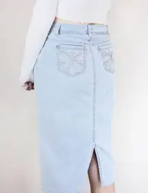 Baccini Y2K High or Low Rise Light Wash Embroidered Bedazzled Long Knee Length Denim Midi Skirt