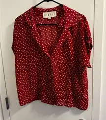 Red and white polka dot button up top