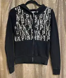 PINK Victorias Secret Black Silver Sequin Bling Full Zip Sweater, XS