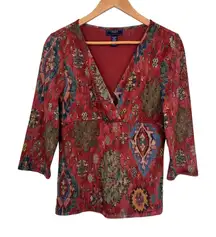 Chaps Top Woments XL Orange Red Polyester Layered Sheer Sleeves Western Aztec