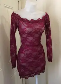 Burgundy red off shoulder sheer lace scallop hem mini dress long sleeves#whimsygoth #gothic-M/L Measurement in pics 