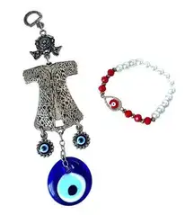 None Copper Caftan Lucky Charm Evil Eye AND Evil Eye Faux Pearl Rhinestone Bracelet