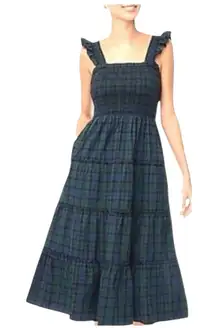 NEW J Crew Poplin Smocked Tiered Midi Dress Tartan Plaid Green Blue Ruffle Flowy