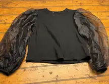 ZARA Black Puff Sleeve Sheer Organza Top Long Sleeve Crew Neck Womens Size S