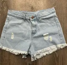 Light Blue Denim Frayed Hem Women Shorts