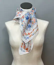 Vintage Scarf‎ Floral Lightweight Square White Blue Orange Retro 90s Italy Women