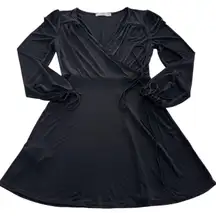 Mango Basics Dress Womens Small Black Long Sleeve Wrap‎ Tie Mini Fit Flare