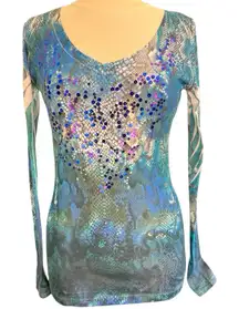 Vtg Y2K Daytrip X Buckle Sequin Bling Snakeskin Multicolor Top Medium Whimsigoth