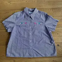 Blair Womens Boxy Button Up Gingham Embroidery Cropped SZ L