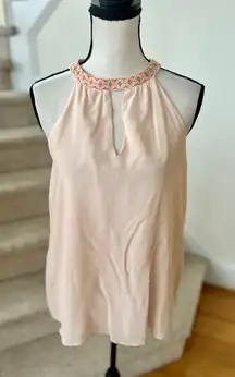 Spartina 449 Pale Blush Pink Silk Embroidered Tie Neck Sleeveless Blouse