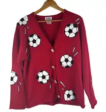 Vintage‎ PBJ Sport Soccer Ball Medium Women Cardigan Red Soccer Mom Grandma Core