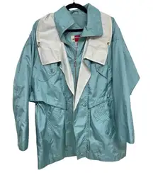 Vintage 1980s Teal Blue Shiny Windbreaker Rain Jacket Womens S Funky Artsy