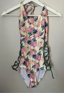 Military Hippie Bathing Suit One Piece Lace Up Sides Open Back Floral Print
