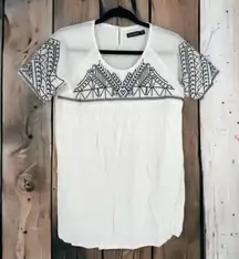 NWT Mikarose‎ Women's Short Sleeve Embroidered Top Blouse White Black Size Small