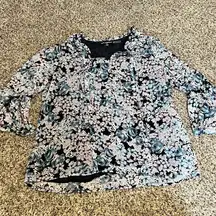 Karl Lagerfeld Paris Floral Print Long Sleeve Blouse Blue Pink Romantic Top‎ L