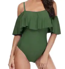 NWT Tempt Me Small One‎ piece swimsuit Cold shoulder ruffle Green Swim Womens