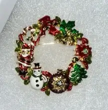 Vintage Christopher Radko Festive Wreath Brooch with Snowman and Christmas Tree