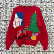 Vintage 80s Christmas Sweater Red Tree Rocking Horse Presents Nostalgia MEDIUM?