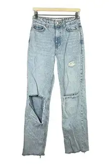 Zara Distressed High Waisted Straight Leg Jeans 6