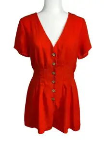 Red Deep V Button Front Short Jumper Romper Women's L