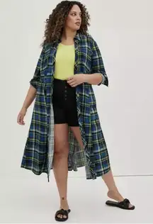 Torrid Blue Plaid Challis Maxi Duster Kimono Size 1X