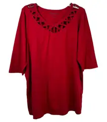 Roamans Plus Size 18W 20W Top‎ Large Solid Red Cutout Neckline 3/4 Sleeve 174