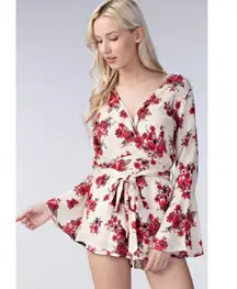 Floral Surplice Bell Sleeve Romper