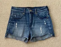 Express High Rise Distressed Jean Shorts 2.75” Fringed Midi Full Coverage NWOT