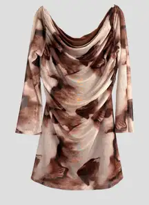 SHEIN BAE Mini Mesh Dress Sheer Cowl Neck Curve 2XL Mocha Cream Y2K Grunge Fairy