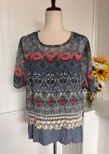 Multicolors Shortsleeved Top Semi sheer with attached blue tank.