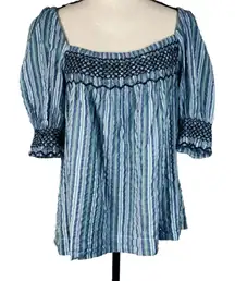 Faherty Medium Peasant Top Striped Puff Sleeves Smocked Square Neck Blue Multi