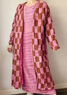 Vintage MOLATO Silk Pink Tweed Patchwork Hippie 70s‎ Maxi Dress Duster Jacket