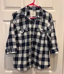 Sonoma Women's Blue White Plaid 3/4‎ Sleeve Button Down Shirt Top Large Gorpcore