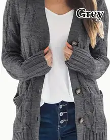 Grey Long Cable Knit Cardigan with Pockets