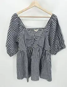 Time & Tru Top Women 0X NWT Navy Blue White Gingham Short Sleeve Sweetheart