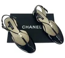 Chanel 2013 Black Patent Leather CC Pearl Slingback Flats