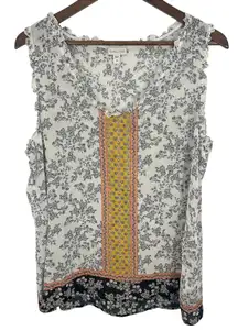 Garnet Hill Floral Print Silk Sleeveless‎ Tank Top Blouse White Yellow Size 16