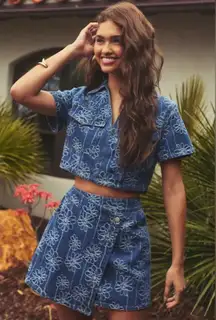 Blue Floral Denim Crop Top and Skirt Set