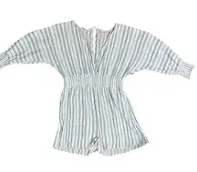 Pink Lily Striped Romper Blue White V Neck Smocked Waist Casual Size XS