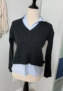 Ann Taylor Business Casual Gray Cable Knit Sweater Blue Button-up Layered Look S